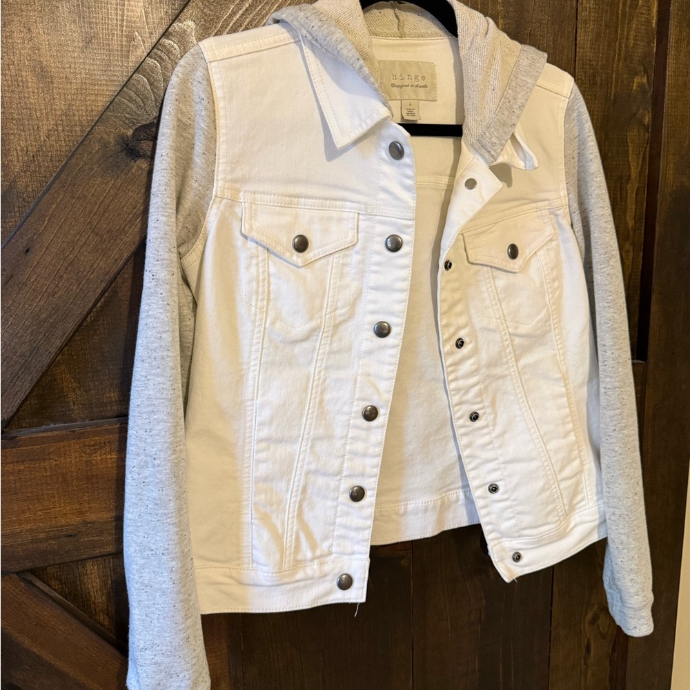 Hinge Cream and Gray Jean Jacket with Hood